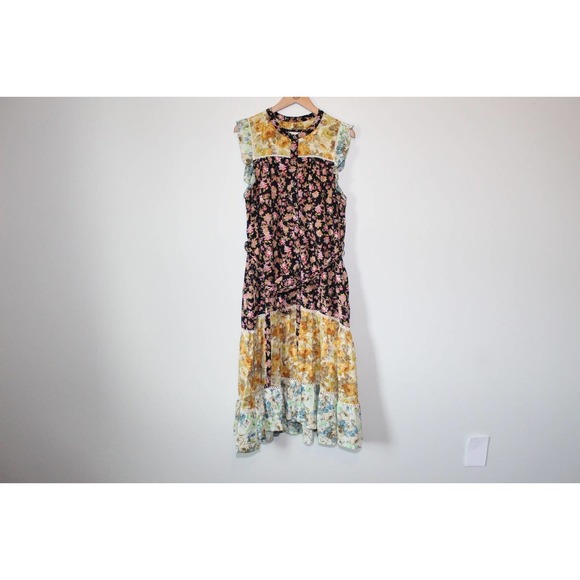 by Anthropologie Ruffled Floral Midi Dress Black Motif Boho Size Large H14101 - Picture 2 of 12